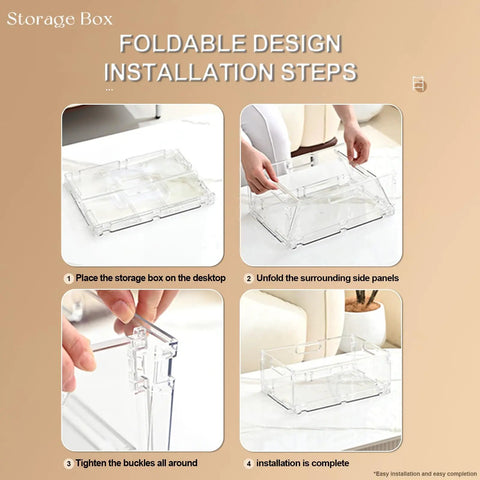 Foldable Plastic Storage Baskets With Handles 2 Pack installation steps showing unfolding and securing the collapsible crates.