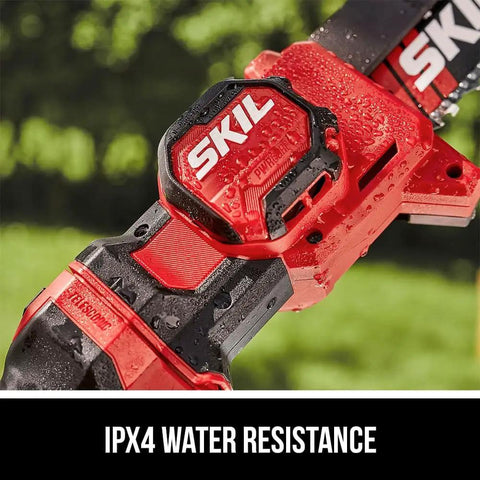 Close-up of Cordless Brushless 20V 6-Inch Telescoping Chainsaw Kit with IPX4 water resistance feature shown.