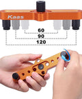Kaas orange self-centering dowel jig front view with adjustable bit guides for drilling straight holes (1/4, 5/16, 3/8 in)