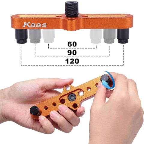 Kaas orange self-centering dowel jig front view with adjustable bit guides for drilling straight holes (1/4, 5/16, 3/8 in)