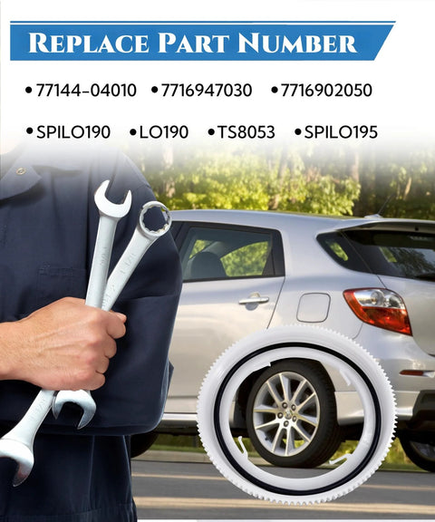 Mechanic holding wrenches in front of Toyota Corolla with Toyota Fuel Pump Lock Ring Retainer And Tank Seal Kit LO190 display