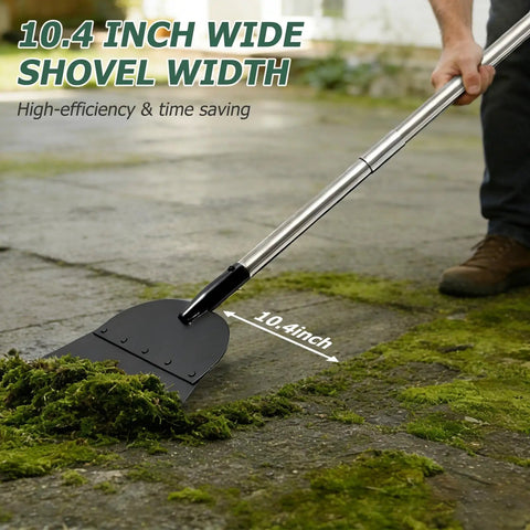 Beast Of A Floor Scraper Garden Shovel with 82 inch adjustable handle and 10.4 inch heavy duty flat blade removing moss from pavement