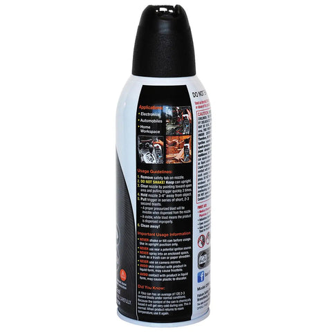 Back of Compressed Gas Cleaning Duster 152a 10 Oz Can with Bitterant showing usage instructions and safety guidelines.