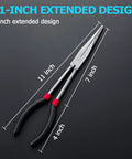 Beefy Long Reach 11 Inch Plier Set With 5 Pieces Including Straight Needle Nose Pliers And Angled 25 Degree 45 Degree And 90 Degree Pliers Plus Circle Pliers For Hard To Reach Narrow Spaces, showing 11-inch pliers with measurements.