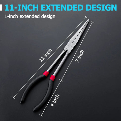 Beefy Long Reach 11 Inch Plier Set With 5 Pieces Including Straight Needle Nose Pliers And Angled 25 Degree 45 Degree And 90 Degree Pliers Plus Circle Pliers For Hard To Reach Narrow Spaces, showing 11-inch pliers with measurements.