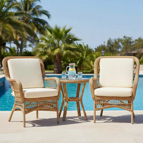 Wicker patio chairs with off-white cushions by a pool, showcasing Set Of 4 Stretch Cushion Covers For Patio Couch Cushions Elastic Slipcovers Fit Most Sofa Cushions And Seat Chairs Washable Beige Solid Color Pet Friendly Furniture Protector For Easy Cleaning And Everyday Use.
