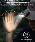 Clip On Hat Light With 500 Lumen Output mounted on a cap, demonstrating motion sensor activation with a hand wave outdoors.