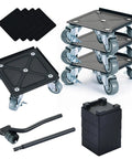 Essential Heavy Duty Furniture Movers Dolly Set with four 5.5 inch steel dollies, lifter tool, spacers, and pads.