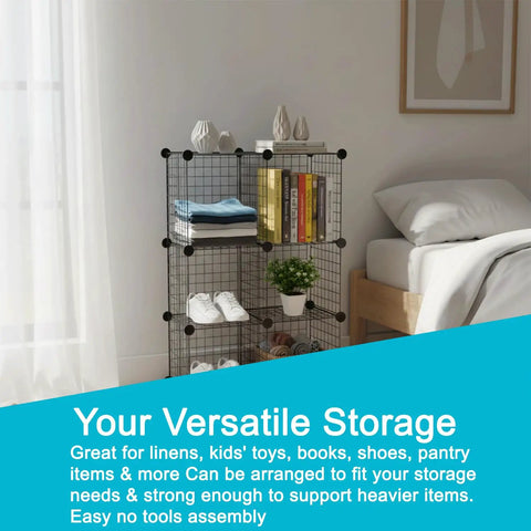 Wire Cube Storage Organizer Set Of 4, Stackable Closet And Office Shelving Bins by a window, with books and plants.