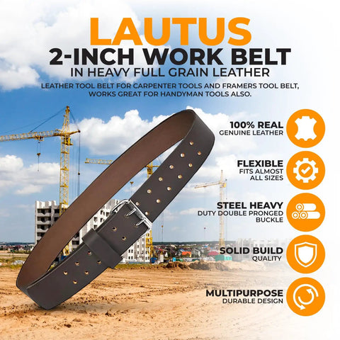Heavy Duty Leather Tool Belt for Carpenters and Electricians, 2-Inch Wide Top-Grain Oil-Tanned Leather With Double Prong Buckle