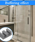 Shower with installed Four Piece Silicone Shower Door Stopper Set With Framed Sliding Bumpers For Anti Collision Protection Of Glass Shower Doors Suitable For All Shower Glass Types Clear Grey Finish Includes Four Screws.