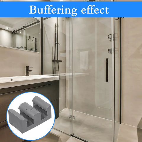 Shower with installed Four Piece Silicone Shower Door Stopper Set With Framed Sliding Bumpers For Anti Collision Protection Of Glass Shower Doors Suitable For All Shower Glass Types Clear Grey Finish Includes Four Screws.