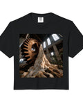 Cool Industrial Abandoned Factory Gear Machine Comfort Colors Crop Top With Boxy Fit Soft Washed Garment Dyed Heavyweight 6.1 Oz Ring Spun Cotton In Beige Vibe For Everyday Style on black background.