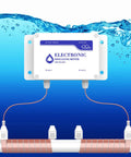Whole House Salt Free Water Softener Descaler System for Hard Water, electronic unit with water effects in the background.