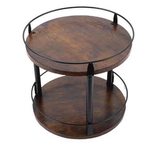Two-Tier Lazy Susan Turntable Organizer For Cabinets And Pantries featuring a wooden shelf with black metal frame.
