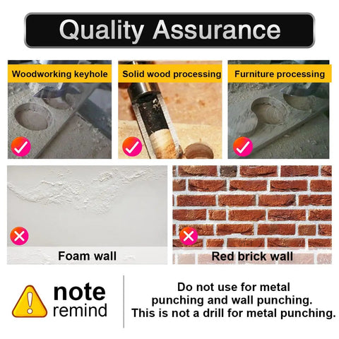 Quality assurance for Dead Nuts Accurate Carbon Steel Wood Plug Cutter Drill Bit Set showing correct uses and warnings.