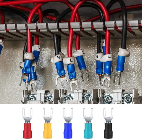 200 Pcs Insulated Wire Connectors Kit with mixed ring spade butt fork quick disconnect crimp terminals in wiring setup.