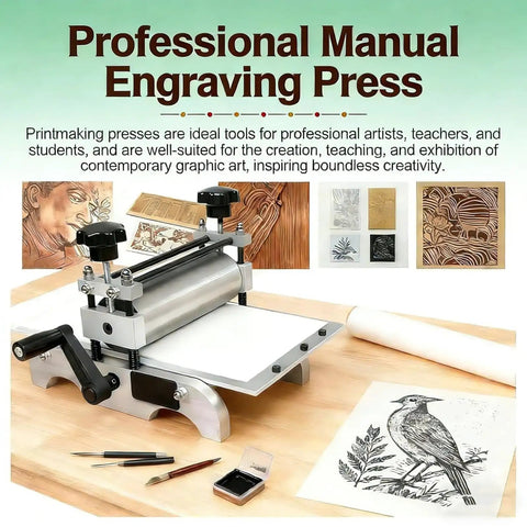 Professional manual engraving press with hand-crank for sharp copperplate etching, featuring 31x17 cm panel and slab roller rig.