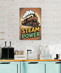 Old School Cool Dope Retro Steam Locomotive Metal Sign For Living Rooms Cafes Garages Vintage Tin Decor on white brick wall.