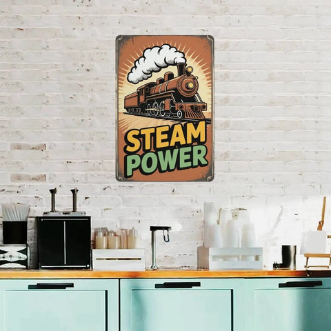 Old School Cool Dope Retro Steam Locomotive Metal Sign For Living Rooms Cafes Garages Vintage Tin Decor on white brick wall.