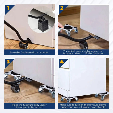 Heavy Duty Furniture Movers With Five Smooth Rubber Wheels Thick Carbon Steel Construction For Easy Moving Of Couches And Appliances in use with crowbar and dolly.