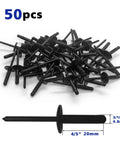 Top Shelf Heavy Duty Tri Fold Exploding Aluminum Pop Blind Rivets With Large Head Built Like A Tank For Auto Marine And Furniture Assembly 50 Piece Black Set 3 16 Inch, close-up of black aluminum rivets with measurements.