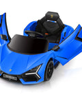 Legit Lamborghini Style Ride On Car For Kids With Remote Control Scissor Doors MP3 Player Bluetooth Audio LED Headlights Wide Comfort Seat Easy Start Safe Horn Navy Finish with scissor doors open.