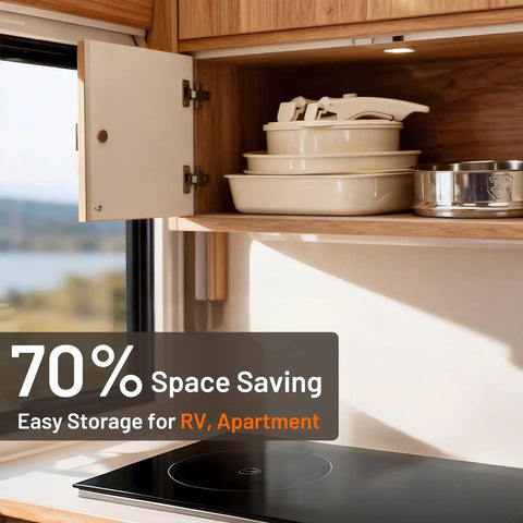 Nonstick Ceramic Pots And Pans Set With Detachable Handles stored compactly in RV cabinet
