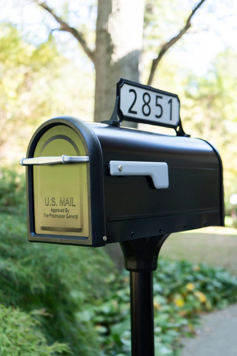 Black Double Sided Address Plaque Kit With 2 White Reflective Panels on mailbox, showing vinyl numbers, easy number template in use