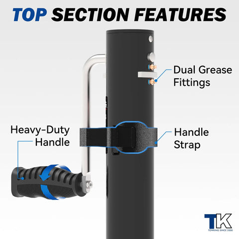 Close-up of top section of 8 Inch Wheel Trailer Jack For RV Boat And Trailer, 2000 Lbs Load Capacity, showing handle and fittings.