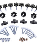 One Quarter Inch T Track Bolts And Knobs Kit With T Bolts Star Knobs Screws Pronged Nuts T Nuts For Woodworking Jigs And Fixtures Must Have Heavy Duty Iron And Stainless Steel Hardware Set shown in pieces on white background