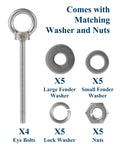 Four Pack Quarter Inch Eye Bolts Three Inch Long Heavy Duty Stainless Steel With Bonus Drill Bit Included, nuts and washers shown