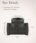 Dimensions of Ten Pack One Half Inch Malleable Cast Iron Pipe Tees For Threaded Black Pipes And Fittings Ideal For DIY Projects