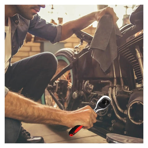 Shop Grade Badass 53 Piece 1/4 Inch Drive Torque Wrench Set With Thick Rubber Grip in use on motorcycle repair.