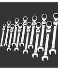Ratchet Spanner Set 5 7 12 Piece Kit For Car Repair, Easy Grip Wrenches, laid out in rows showing sizes