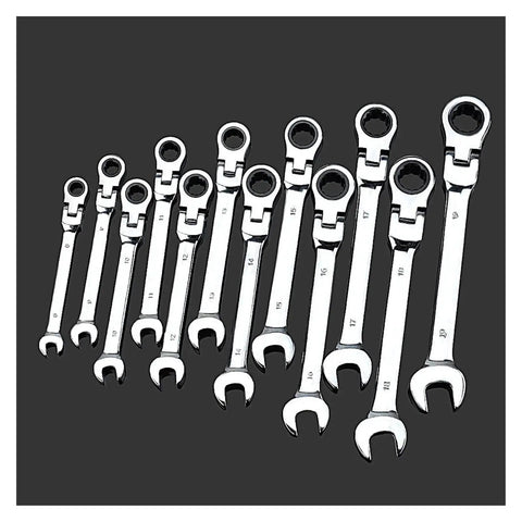 Ratchet Spanner Set 5 7 12 Piece Kit For Car Repair, Easy Grip Wrenches, laid out in rows showing sizes