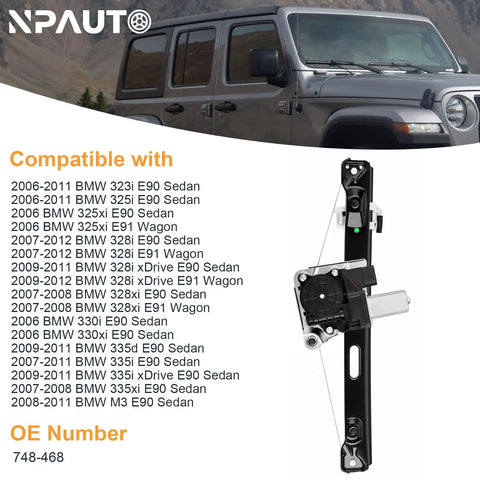 Rear Driver Side Power Window Regulator With Motor Assembly 5 Pin Direct Fit Replacement For BMW 3 Series E90 E91 323i 325i 328i 330i 335i 325xi 328xi 330xi 335xi 335d M3 Left Plug And Play, front view