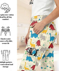 Fresh Fit Cartoon Dinosaur Print Scrub Pants For Women Wide Leg Cargo Nurse Trousers With Deep Side Pockets And Elastic Waist shown on model.