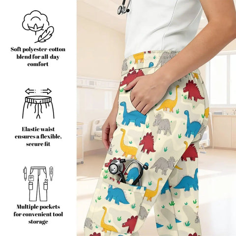 Fresh Fit Cartoon Dinosaur Print Scrub Pants For Women Wide Leg Cargo Nurse Trousers With Deep Side Pockets And Elastic Waist shown on model.