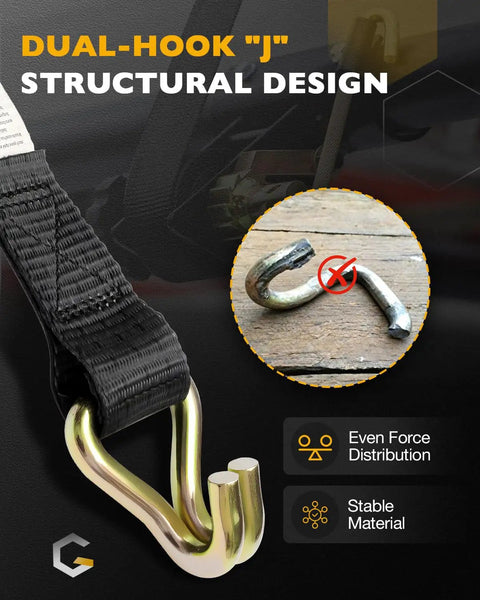 Close-up of dual-hook 'J' design on Badass Heavy Duty Ratchet Straps With J Hooks For Ladder Rack And Pickup Cargo 1.5 Inch Wide Webbing.