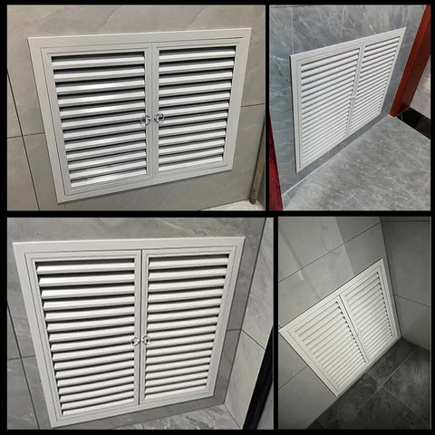 Real Deal Aluminum Louvered Access Panel With Double Door Inspection Hatch And Vented Wall Hole Cover For A Straight Up Smooth Custom Ceiling Or Drywall Install, various angles.