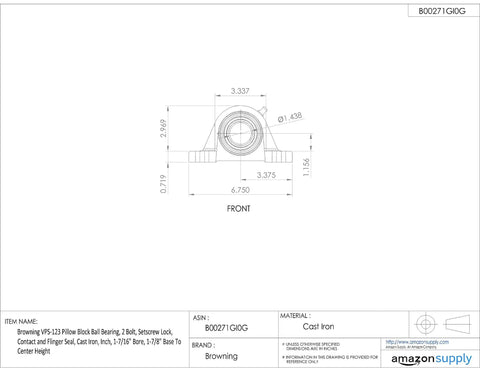 VPS-123 Cast Iron Pillow Block Ball Bearing two bolt setscrew lock, front view, with seals and measurements shown.