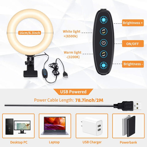 Clip On Ring Light For Laptops And Monitors With Five Color Temperatures And Five Brightness Levels With Control Buttons and USB Cable