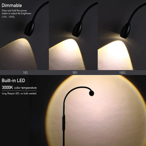 Adjustable LED Floor Lamp With Dimmable And Zoomable Spotlight, Flexible Gooseneck, showing brightness levels and 3000K warm light