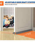 Adjustable Under Door Draft Stopper Gap Filler Cuts For Doors 24 To 32 Inches measuring door width with children nearby.