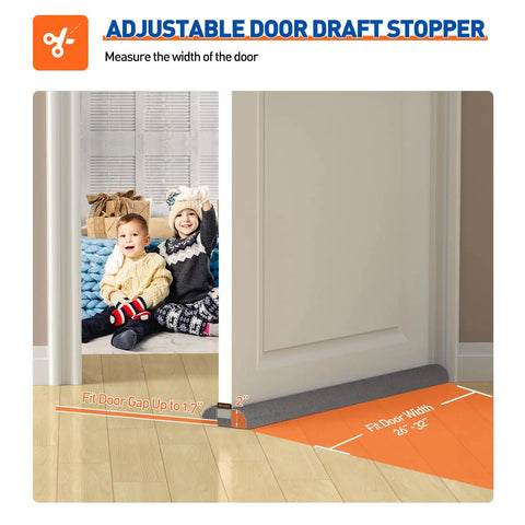 Adjustable Under Door Draft Stopper Gap Filler Cuts For Doors 24 To 32 Inches measuring door width with children nearby.