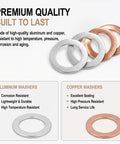 Oil Drain Plug Crush Washer Set With Assorted Sizes 10mm 12mm 14mm 16mm 18mm For Automotive Engine Oil Pan Sealing Gasket Replacement Kit 160 Pieces Premium Quality showing aluminum and copper washers.