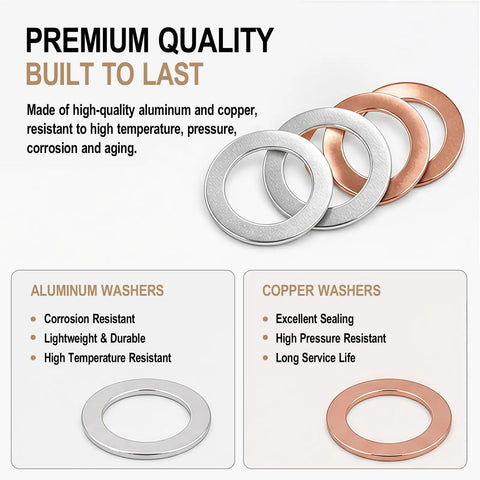Oil Drain Plug Crush Washer Set With Assorted Sizes 10mm 12mm 14mm 16mm 18mm For Automotive Engine Oil Pan Sealing Gasket Replacement Kit 160 Pieces Premium Quality showing aluminum and copper washers.