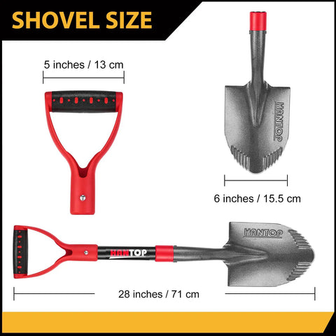 Compact Mini Shovel With Fiberglass Handle For Garden And Camp Use 28 Inches, showing size and sawtooth blade details.