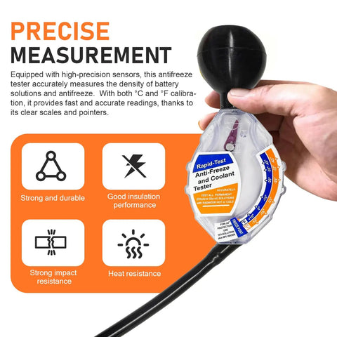 Universal Dial Antifreeze Tester For Cars And Trucks Measures Glycol Fluid Concentration in hand, showing clear scales and rubber bulb.